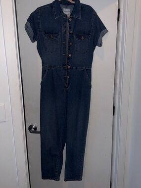 Dark Denim Short Sleeve Button-Front Jumpsuit